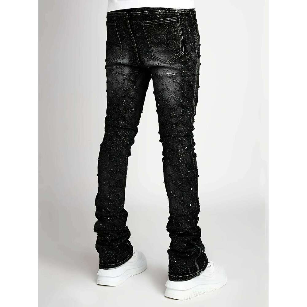 Men's personality straight leg men's pants European and American fashion Instagram hot item elastic pearl denim la 26Y0330