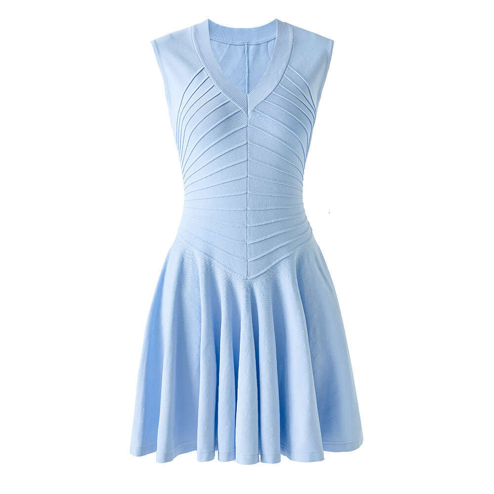 2026 Spring and Summer New Designer 3D Striped Small q26 V-neck Sleeveless Tank Top Off Shoulder European and American Short Skirt