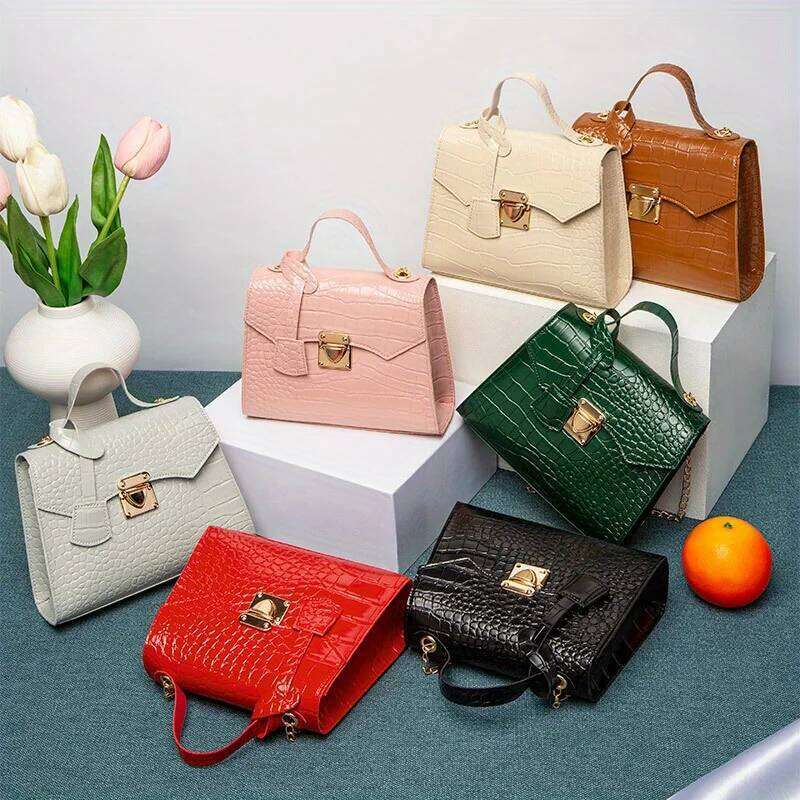 Chic Crocodile Embossed Mini Handbag For Women Trendy Solid Color Fixed Strap Twist Lock Closure Polyester Lined QIBALIANGPIN