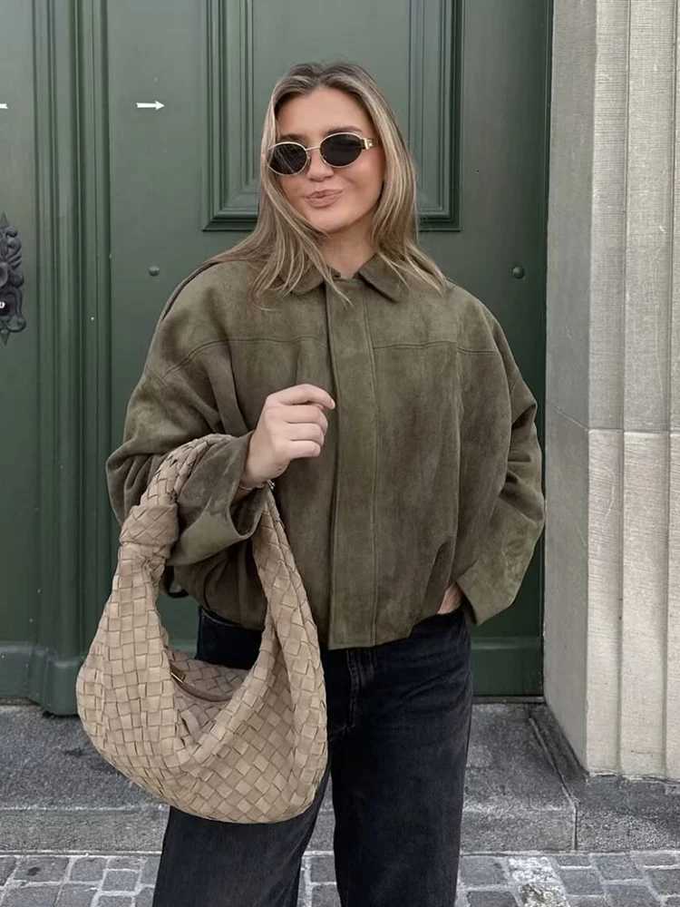 Women Green Suede Jacket 2026 New Spring Fashion Long Sleeve Zipper Oversize Bomber Jackets Chic Female Street Casual Coats T260328