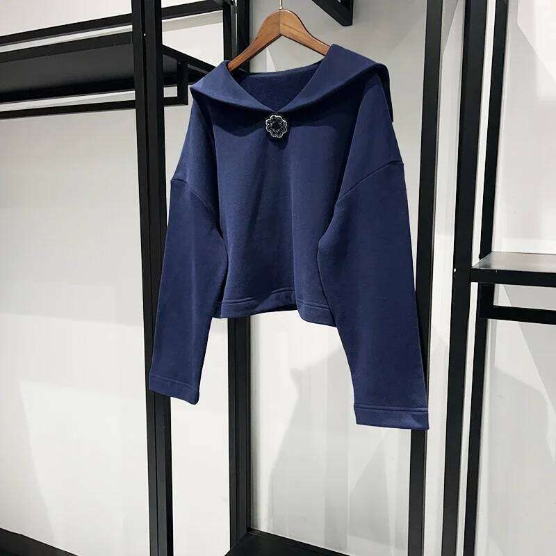 Women's Sailor Collar Short Sweatshirt Three-Dimensional Floral Embroidery Autumn Winter Lady Pullover Top Mdng260330