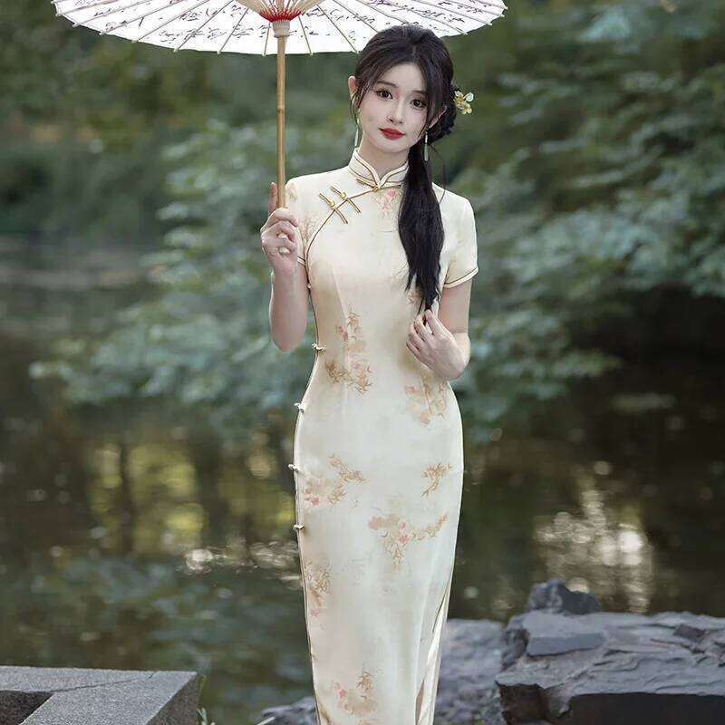 Qipao Chinese Dresses Women's Premium Modern Pink Elegant Evening Party Long Chiffon Light And Thin Summer Cheongsam MAKOUFEI