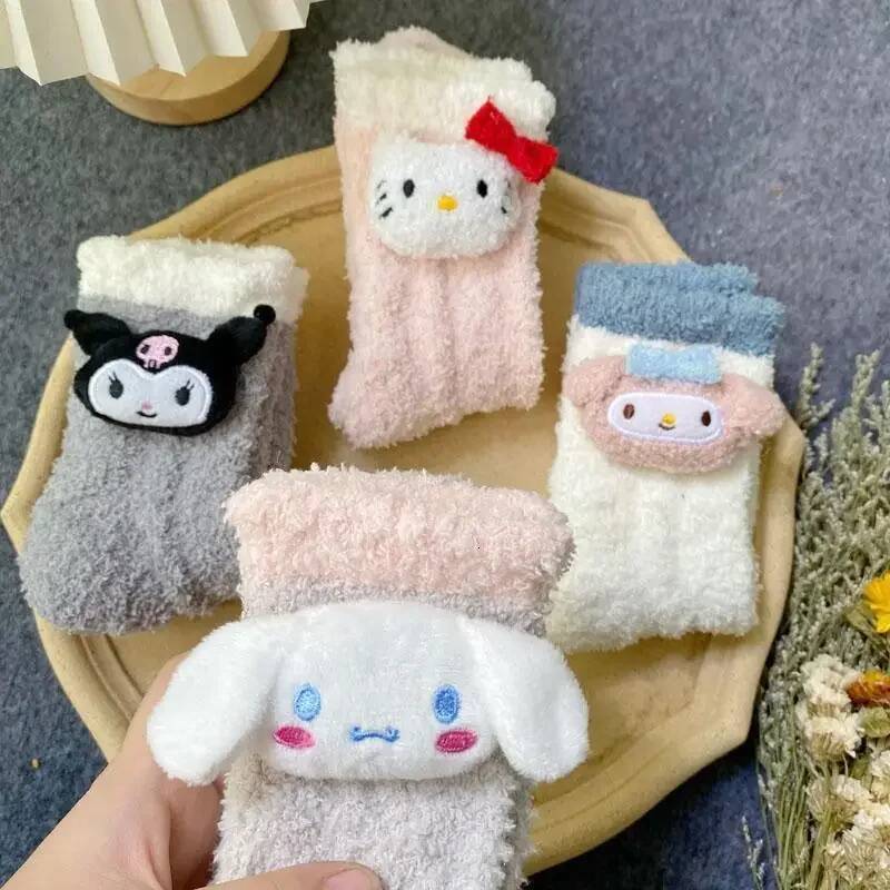 Designer Kawaii Hello Kitty Kuromi Plush Socks Coral Velvet Socks Plush Stuff Things Cinnamoroll Melody Plush Sock Winter Warm Sock Gifts
