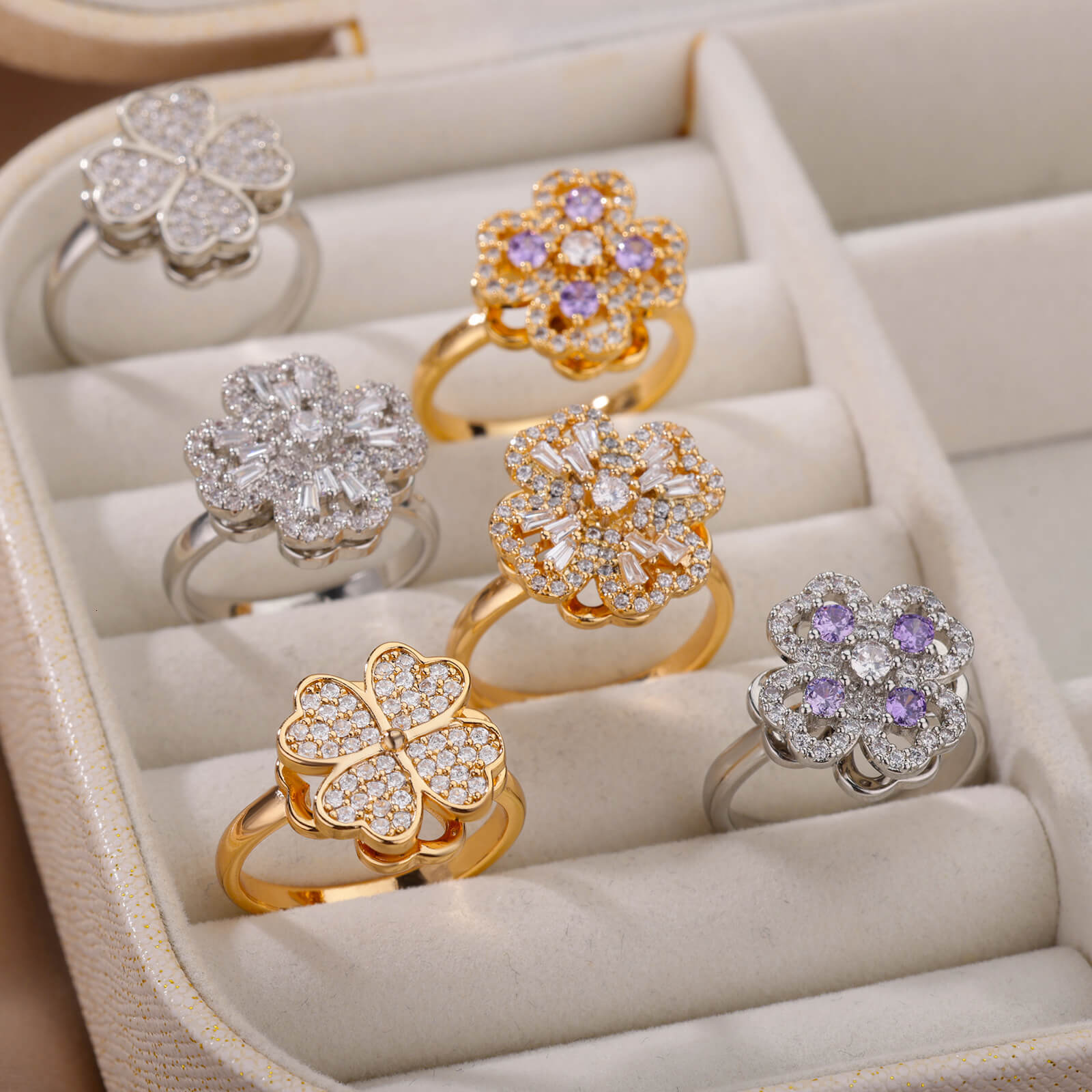 New Rotatable Zircon Flower Open for Women, Unique Design Stress Relief Ring