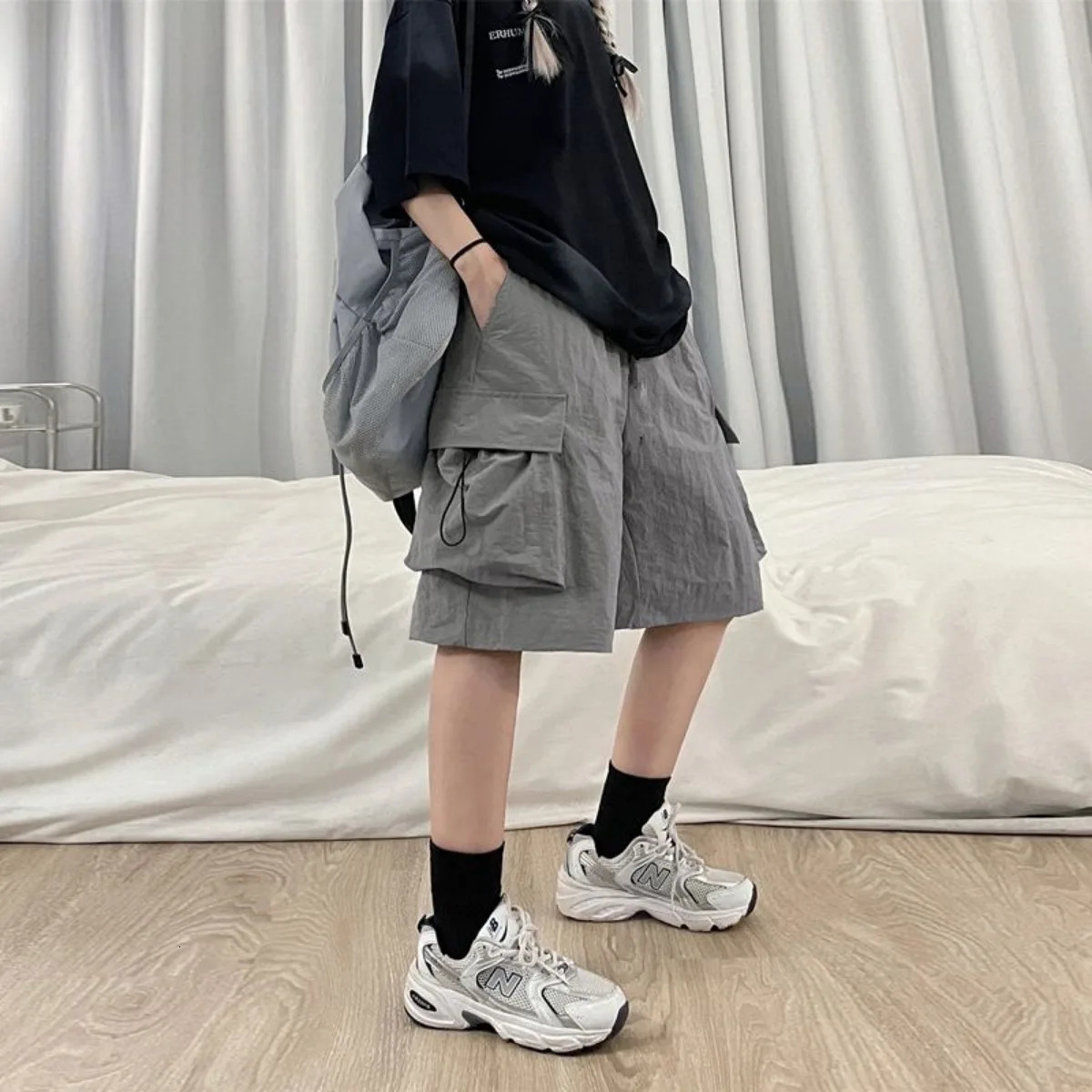 Women High Waist Cargo Shorts American Style Streetwear Summer Wide Leg Pants Fashion Female Big Pocket Loose Shorts 260327