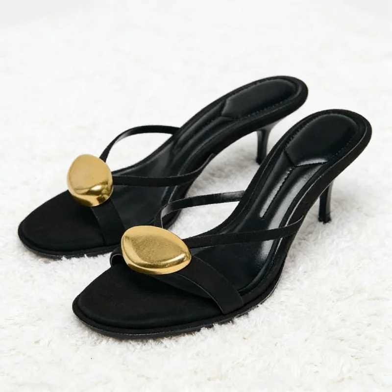 Summer 2025 Metal Decorative Black High-heeled Sandals Women Fashion Round Toe Open Toe Sexy Thin High Heel Slippers Ladies Shoe Z260330