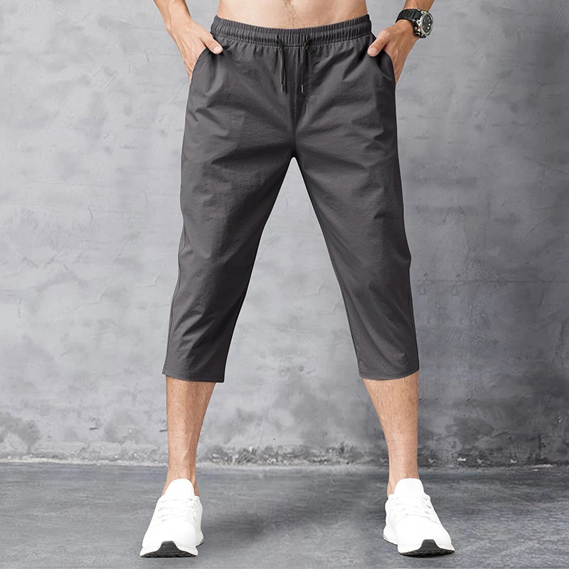 34 Length Mens Shorts Quick Drying Ice Silk Summer Breeches Male Long Calf Bermuda Board Beach Elastic Big Size Nylon Stretch 260330