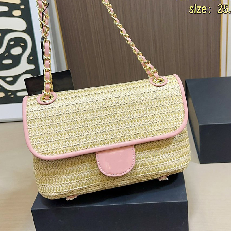 Summer Vacation Straw Bag Luxury Contrast Color Crossbody Bag French Retro Woven Messenger Bags Contrast Edge Chain Bags