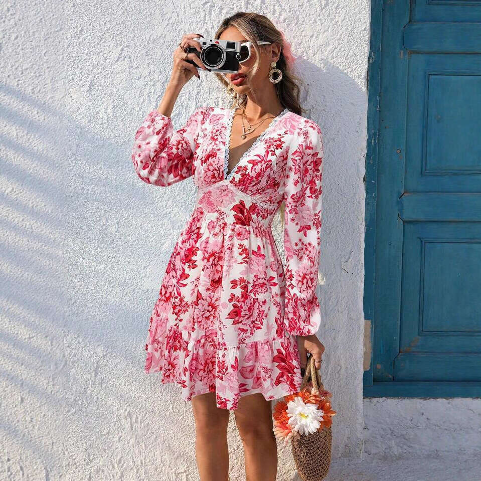 European and American cross-border women's clothing Amazon new product lace V-neck printed casual vacation long-sleeve dress