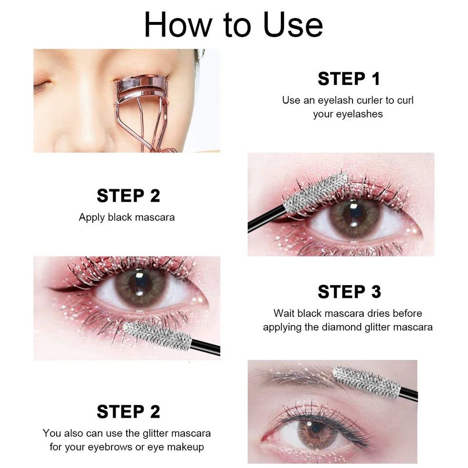 Diamond Glitter Mascara Fast Dry Eyelashes Curling Makeup Waterproof Longlasting Lengthens Eye Lash Black 4D 260316