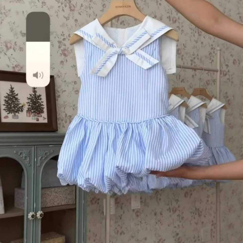Bear Leader Summer Blue Striped Printed Princess Dress Sleeveless Collar Splicing Girls Dresses Korean Version Kids Casual WearT260330