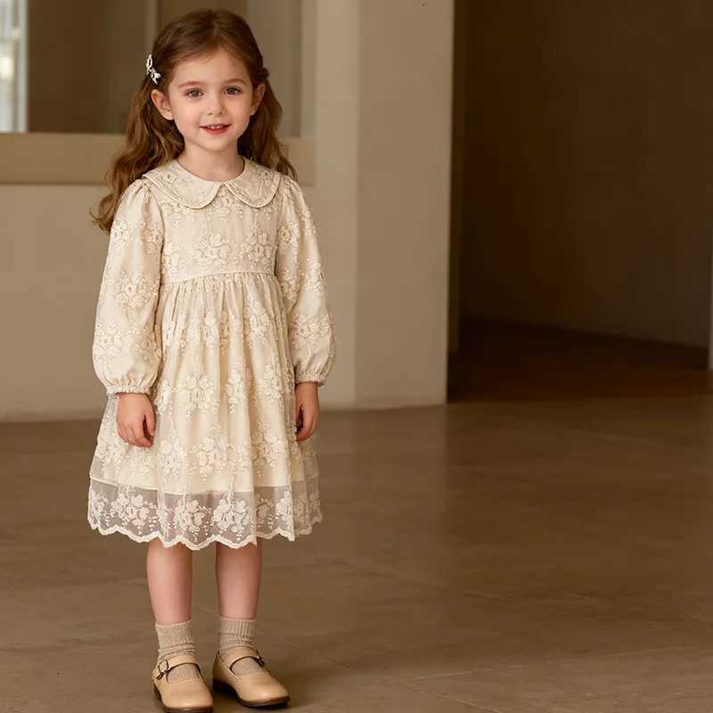 YBFSKID Children Girls Dress Spring Babys Girls Peter Pan Collar Dress Floral Print Kid Girl Long Sleeve Lace Embroidery DressT260330