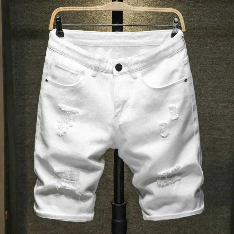Streetwear Ripped White Denim Shorts Men New Fashion Knee Length Jeans Simple Casual Slim Hole Short Pants Male H260330