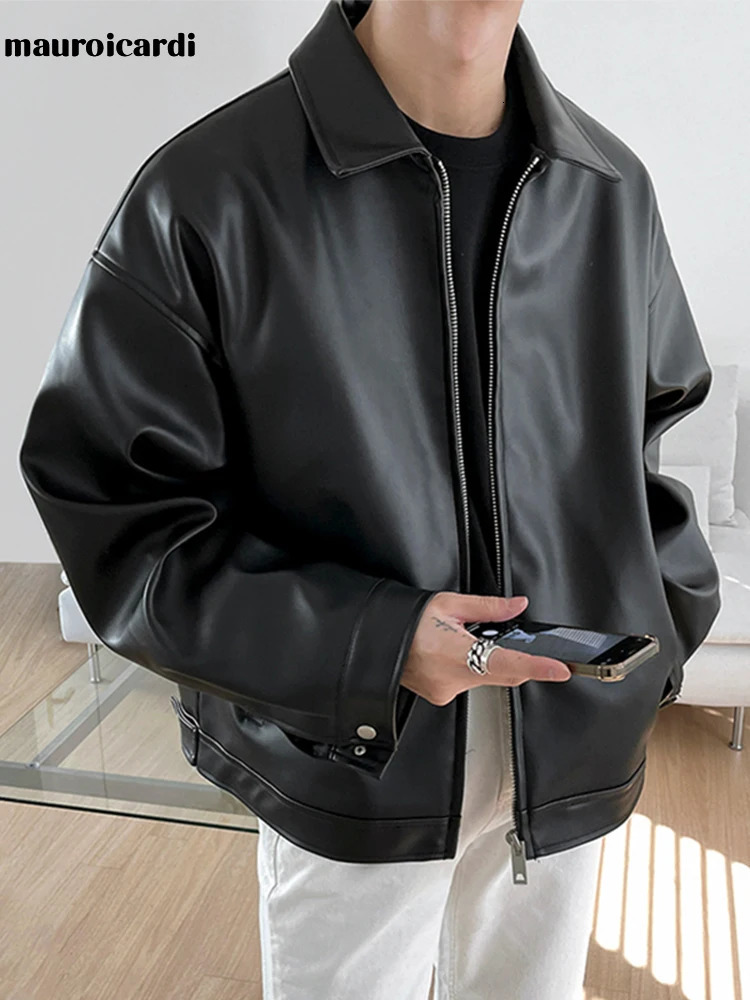 Mauroicardi Spring Autumn Cool Short Black Soft Light Pu Leather Jacket Men Zipper Casual Mens Jackets and Coats Fashion 260327