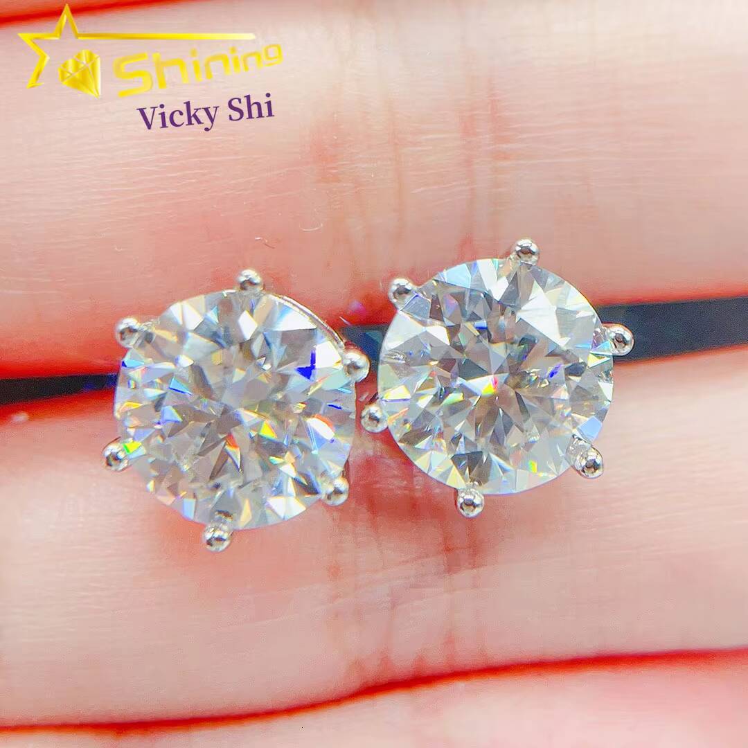 Pass Diamond Tester 925 Sterling Silver Classic 6 Prongs Round Moissanite Stud Earrings Screw Back Fine Women Earrings