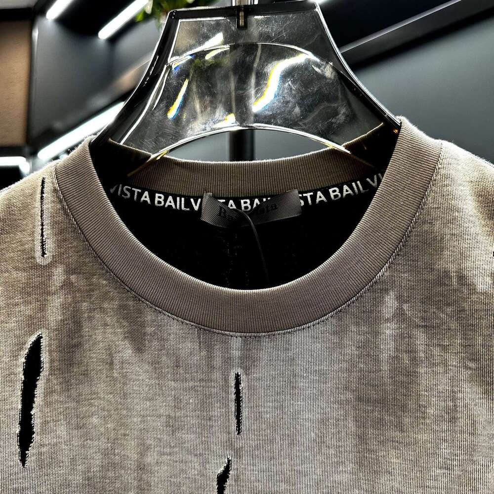 European men's high-end letter-printed rhinestone distressed short-sleeve t-shirt, trendy brand, luxury new summer half-sleeve top