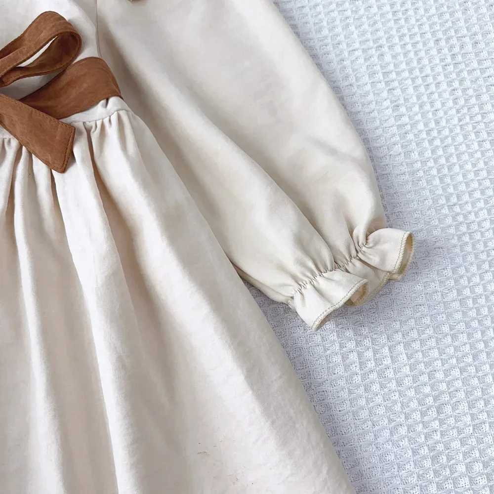 Autumn Plain Long Sleeved Stand Collar Tied Dress Solid Color Kids Dresses for Girls Daily Casual Clothes 3-7 Years OldT260330