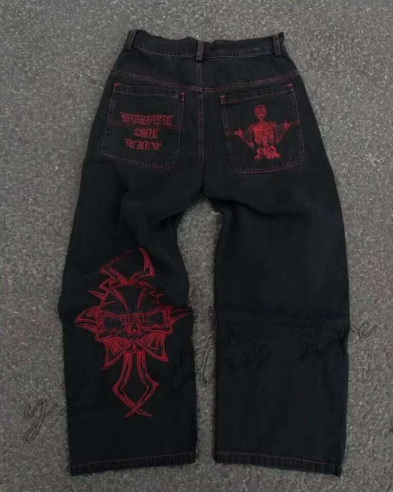 Vintage Y2K Clothes Men Women Gothic Hip Hop Pocket Embroidery Retro Blue Baggy Jeans High Waist Slim Fit Flare Trousers 26Y0330