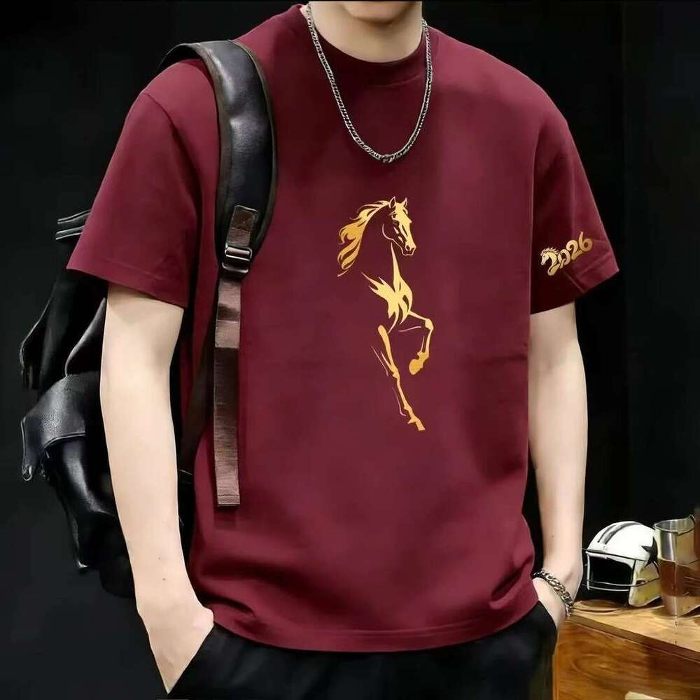 2026 Year Of Horse Popular Pure Cotton Gold Horse Print Short-Sleeve Men, Red High-End T-Shirt For The Zodiac Year