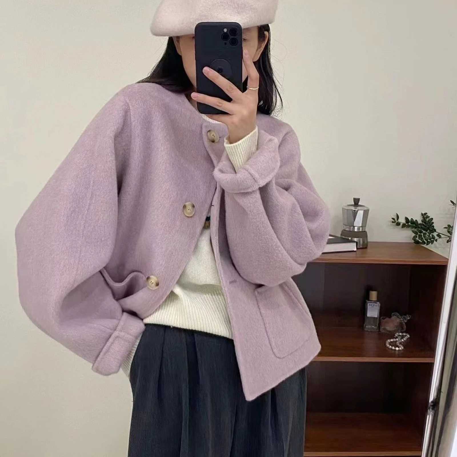 Round Neck Jacket Stylish Single-breasted Womens Coat for Fall Spring Long Sleeves Cardigan in Solid Color Loose Fit for DatingT260328