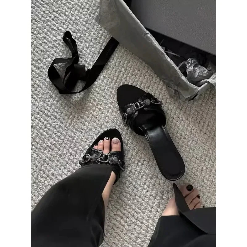 Summer Womens Studded Black Slippers Sexy Spice Punk High Heels Party Shoes 260330