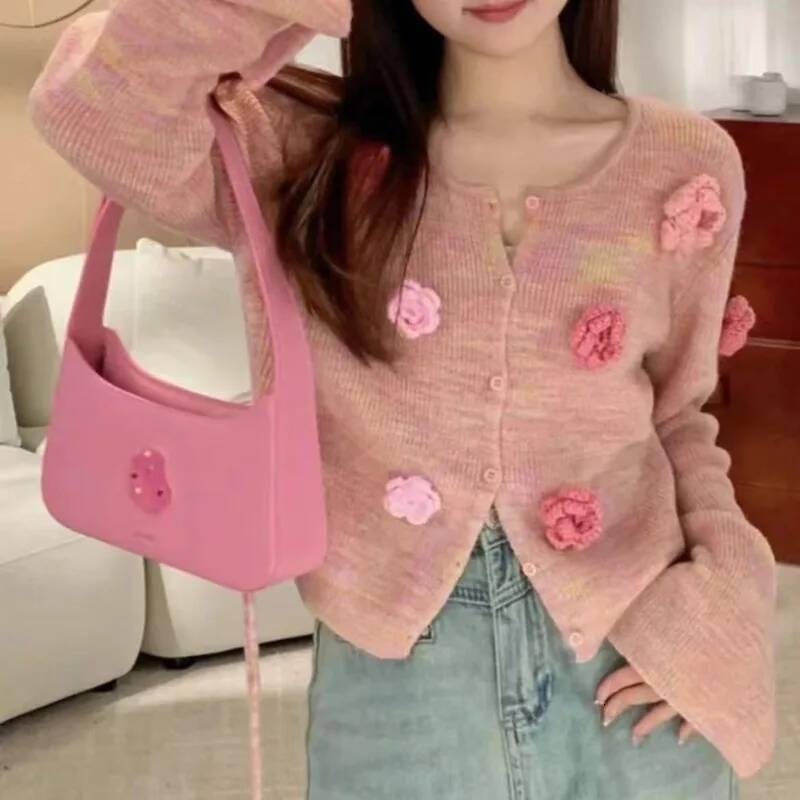 Colorful Flower Knitted Women's Spring Patchwork Round Neck Button Solid Color Flare Sleep Slimming Casual Long Sleeved Sweater