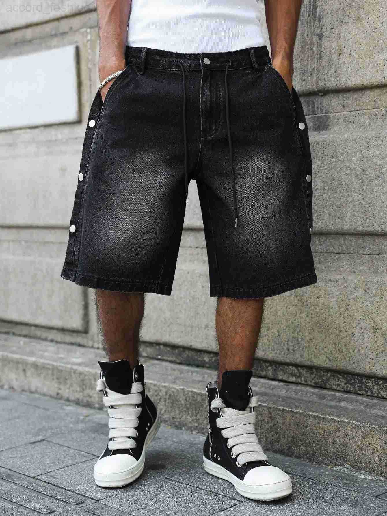 Mens Summer Casual Denim Shorts - Black-Gray Gradient with Distressed White Effect Street Daily Outing Knee-Length Shorts H260330