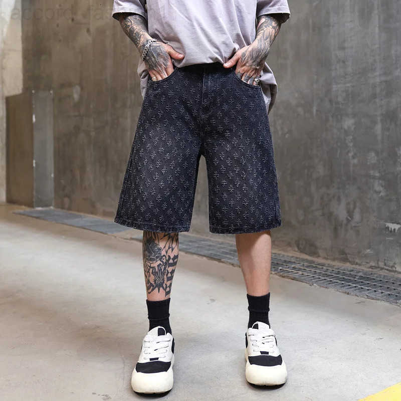 American Retro Jacquard Denim Shorts for Mens Summer Design Niche Washed Five Quarter Pants High Street Sports Pants H260330