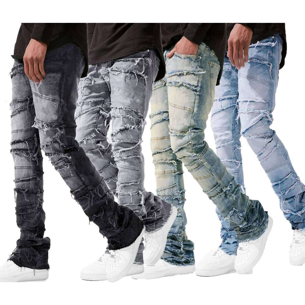 New Fashion Stretch Man Stacked Elastic Waist Straight Fit Patchworks Denim Long Pants Fringe Ripped Jeans For Men 26Y0330