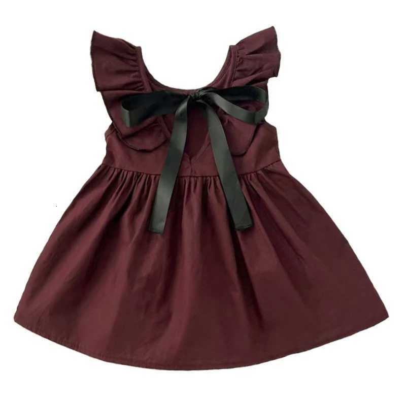Summer Girls Ribbon Wine Red Dress Simple All-Match Girls DressT260330