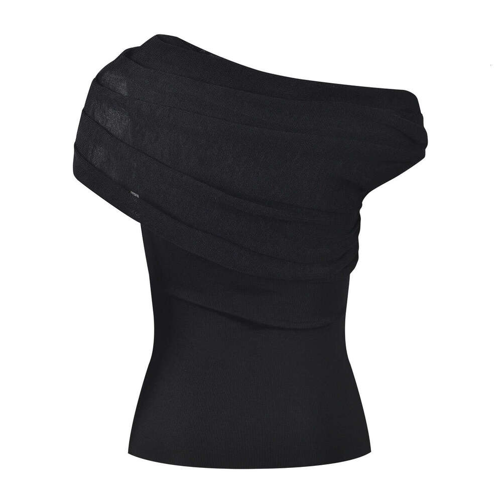 2026 Spring and Summer New Off Shoulder Ruffle FC Sexy Clavicle k30 Show Elegant Fashion Slim Black Top