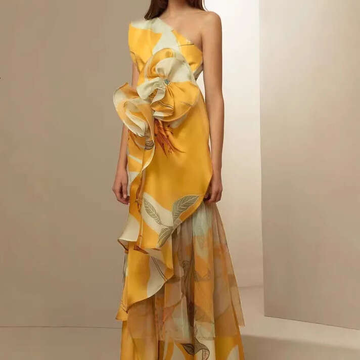 European Style Cross-Border Summer New French Retro High-Waist Elegant Casual Printed Off-Shoulder Dress