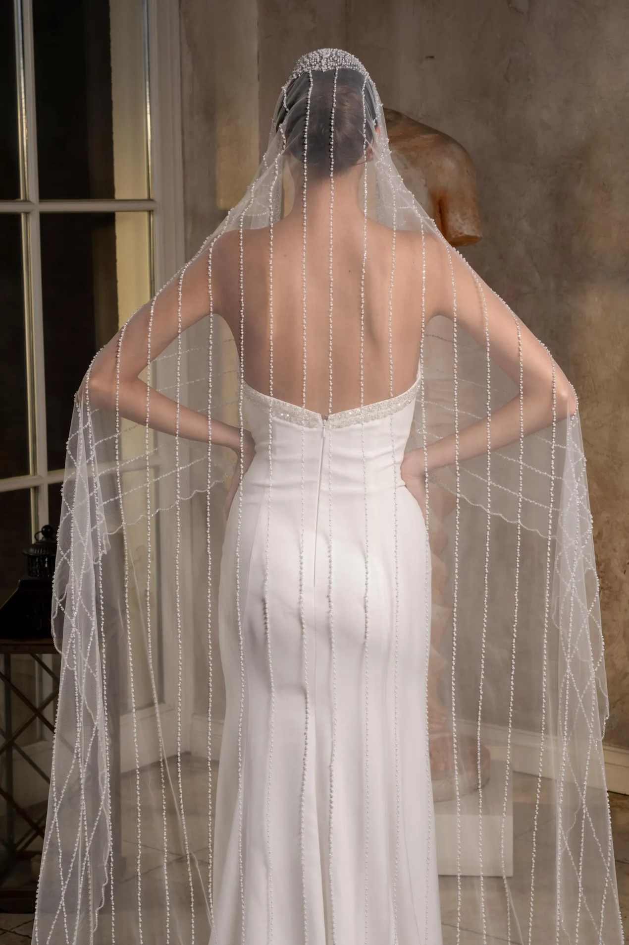 Luxury Beaded Pearls Wedding Veil 3 Meters White Ivory Beading Bridal Veil Customized Bride Headpiece Accessories