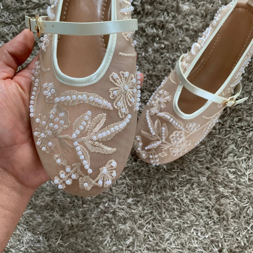 Mesh Embroidery String Bead Design Women Ballet Flats Fashion Buckle Breathable Mary Jane Shoe Comfort Low Heel Soft Flat Sandal 260323