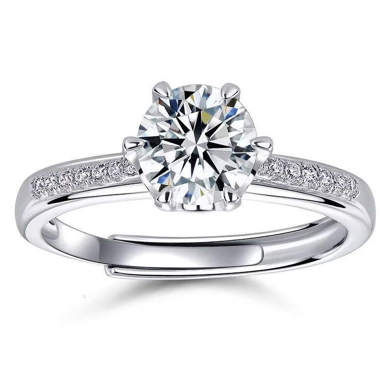 S925 Sterling Silver D Color VVS1 Moissanite 6 Prong Adjustable Engagement Ring with Side Accents for Women