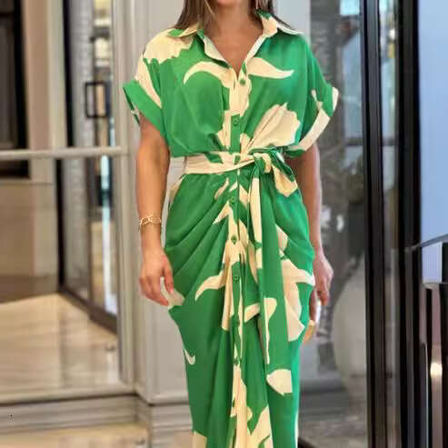 2026 Summer Single-Breasted Mid-Length Women's Printed Short-Sleeve Shirt Dress
