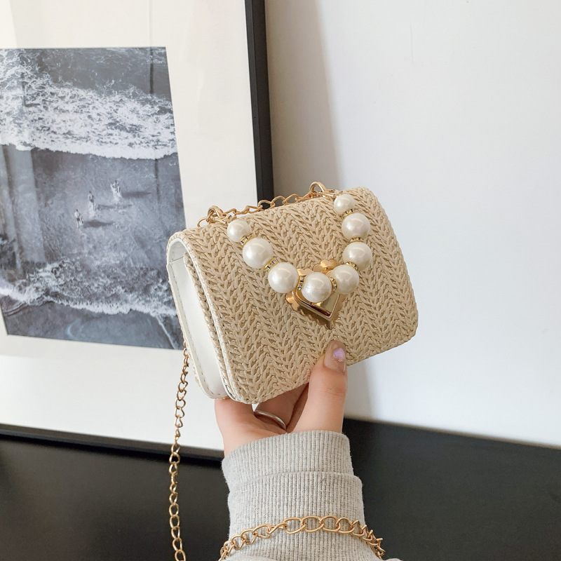 Free Shipping High Value Straw Woven Crossbody Bag for Women Pearl Beaded Handbag Summer Beach Chain Shoulder Bag with Multiple Sizes