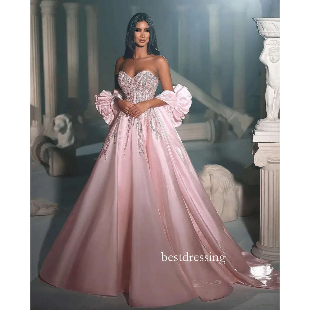 2024 Pink Sweetheart Wedding Dress Princess A E Satin Beads Sequins Bridal Bride Gowns With Wrist Corsages Custom Made Vestios De Novias D0330