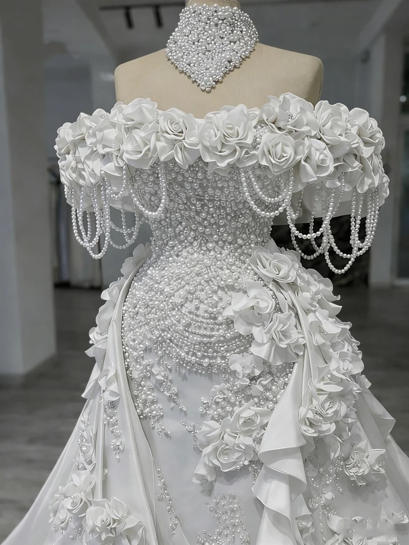 Gorgeous Mermaid Evening Dresses Pearls Handmade 3D Flowers Prom Dress Detachable Train Off Shoulder Customized Party Gown Vestidos De Noche Plus Size