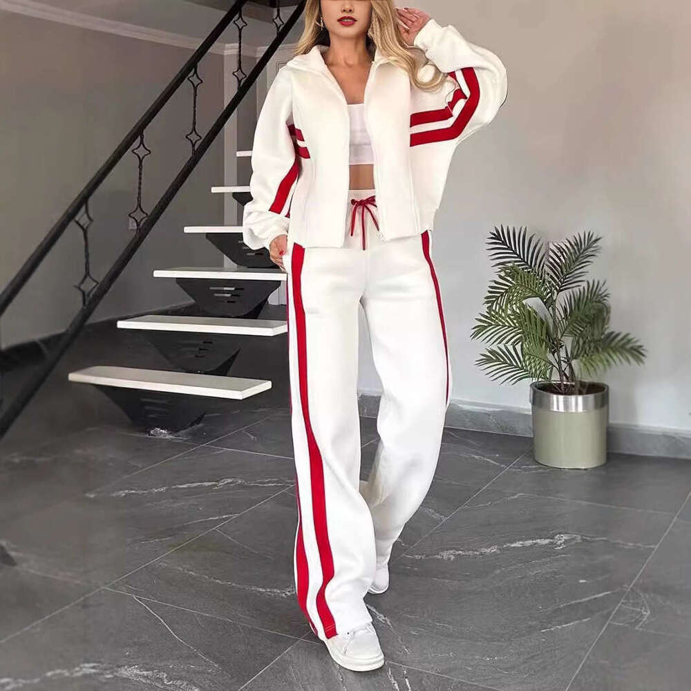 Freeacy Women's New Casual Suit Neck Zippered Loose Fit Jacket Outwear And High Waist Side-Striped Pants Sports Set