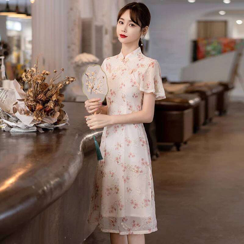 Summer Short Sleeve Qipao Fashion Modern Trend Ethnic Traditional Chinese Clothing Embroidery Cheongsam Dress For Women MAKOUFEI