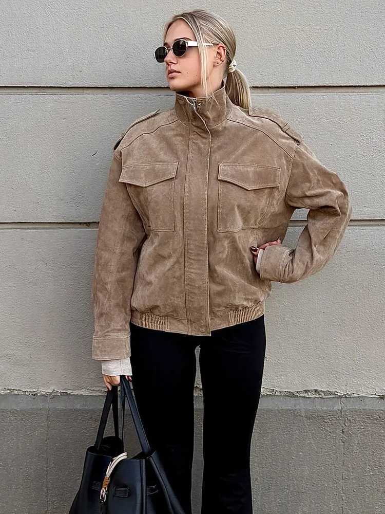 HH Women Street Casual Solid Suede Overcoat Jackets Stand Collar Zippers Loose Coats Female 2025 Autumn Fashion Lady JacketT260328