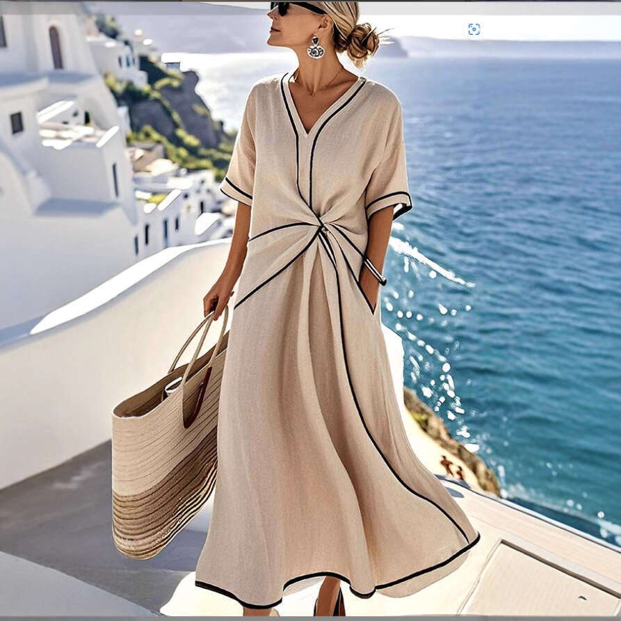 European and American Amazon V-neck Fashion Elegant Commuter Striped Dress Printed Women's