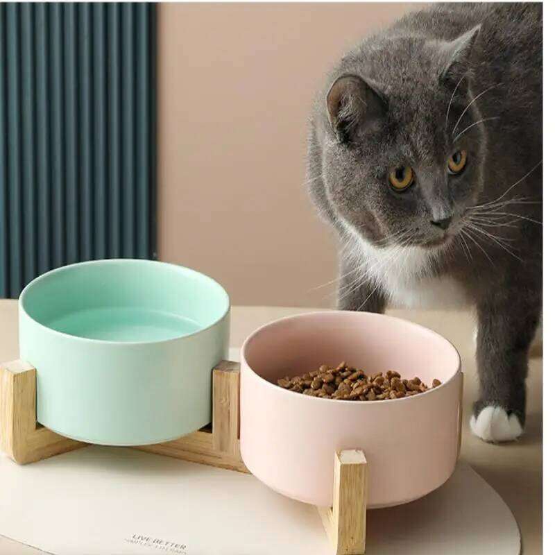FGG Ceramic Dog Food Cat Drinking Water Double Protection Cervical Spine Black Pet Bowl 26W0330