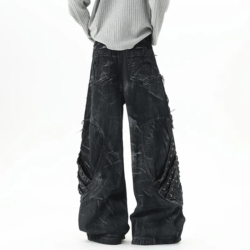 IEFB High Street Mens Denim Trousers Patchwork Contrast Color Drawstring Raw Edge Dirty-dying Worn-out Male Jeans 9X1768 260327