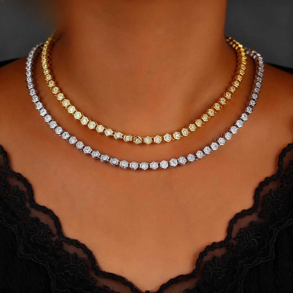 European American Fashion Geometric Zircon Necklace Fashionable Women's Accessories For Women Simple And Versatile Full-Diamond Necklace Trendy J