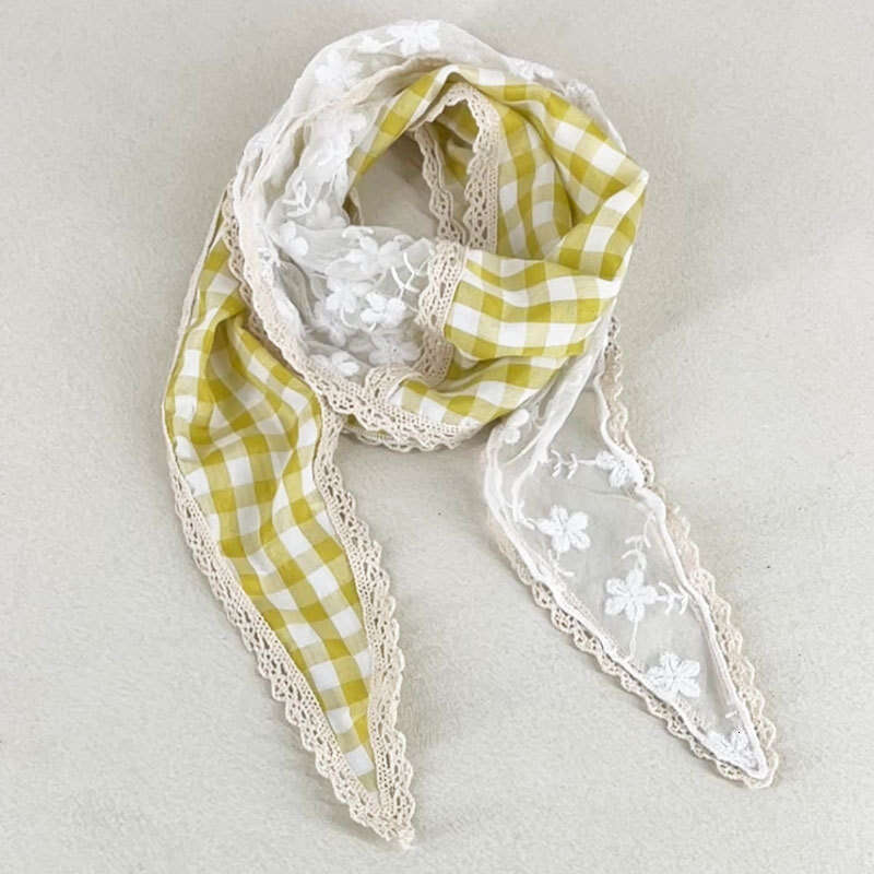 N-Style New Plaid Patchwork Lace Diamond-Shaped Scarf, Sweet And Girly Atmosphere Headscarf, Photo Decoration, Vintage Silk Scarf Qian Pan