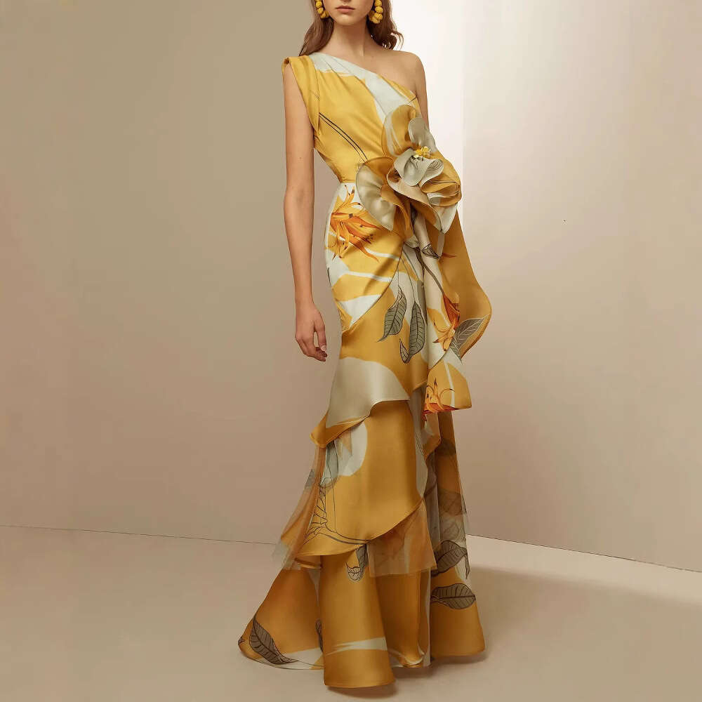 European Style Cross-Border Summer New French Retro High-Waist Elegant Casual Printed Off-Shoulder Dress