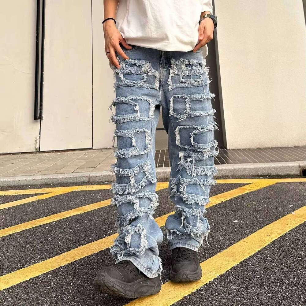 New Fashion Stretch Man Stacked Elastic Waist Straight Fit Patchworks Denim Long Pants Fringe Ripped Jeans For Men 26Y0330