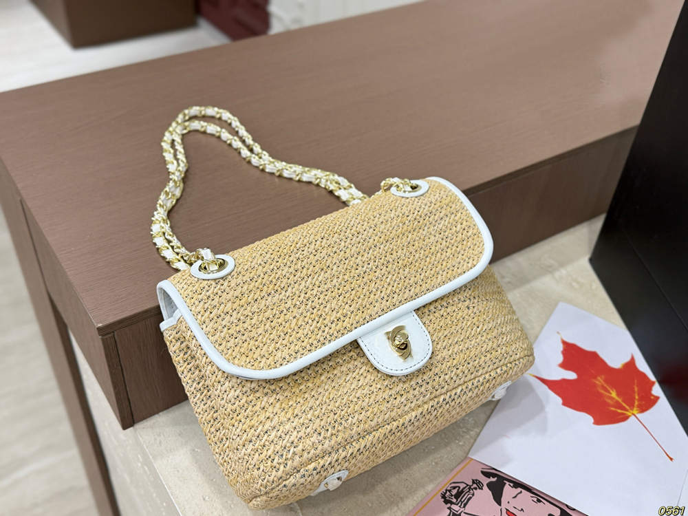 Luxury Bags Classic Designer Luxury Designer Straw Woven Bag with Yellow Leather Trim & Gold Chain Strap